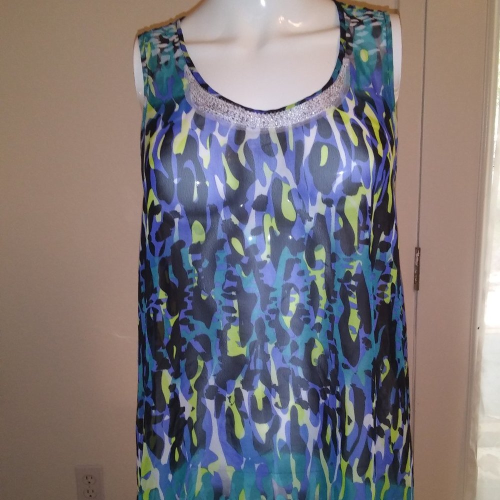 multi-colored sleeveless blouse